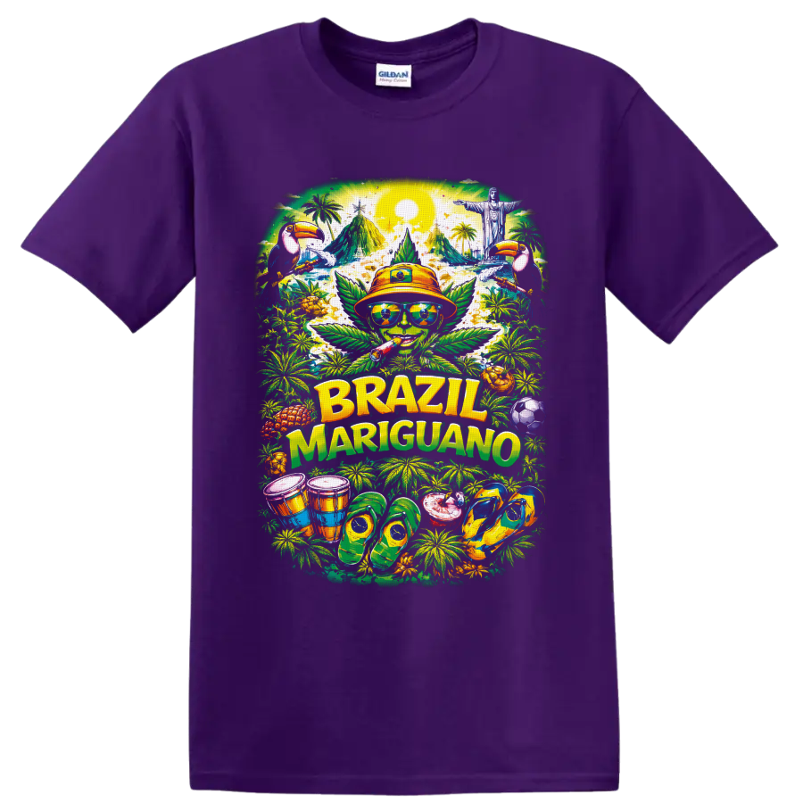 Brazil Mariguano tropical cannabis character with toucans, drums, and soccer ball on a Purple T Shirt