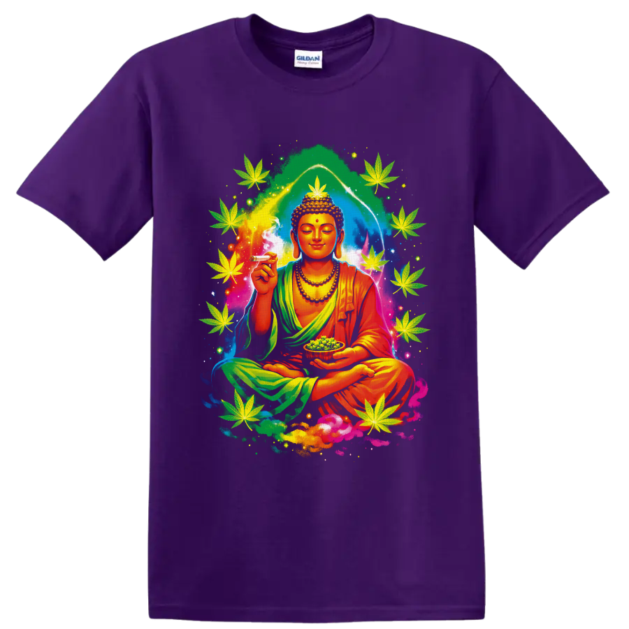 Psychedelic meditating Buddha with cannabis leaves, smoke, buds, and cosmic aura on a Purple T Shirt