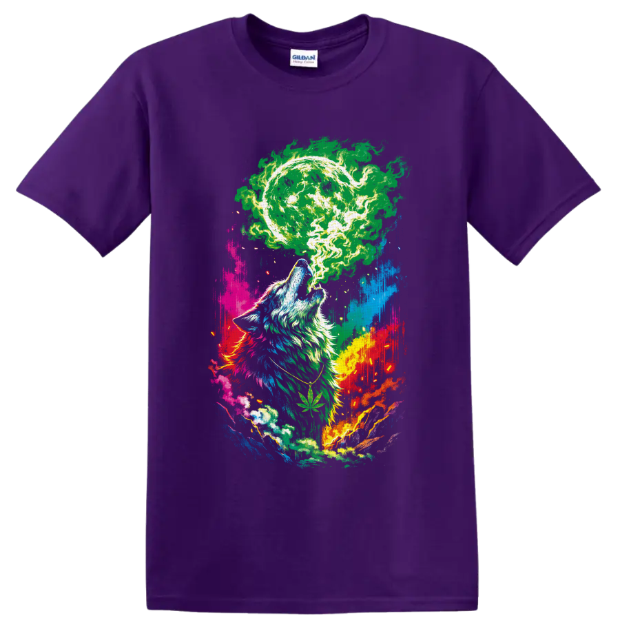Howling wolf beneath a glowing cannabis moon in psychedelic paint-splash art on a Purple T Shirt