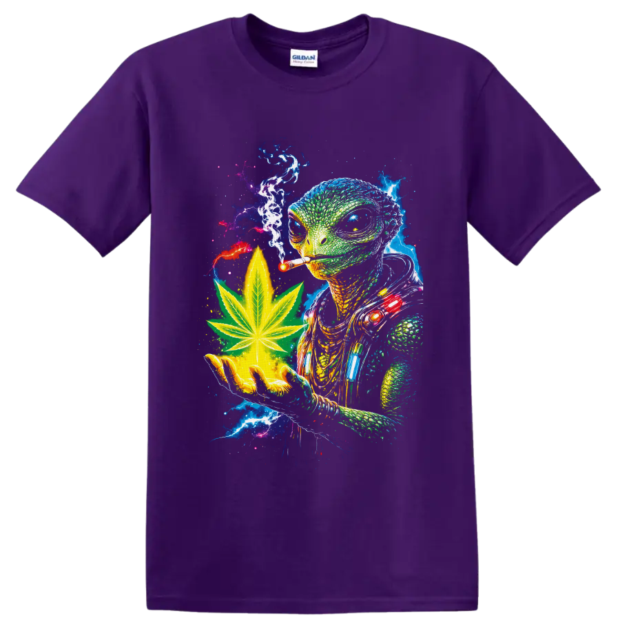 Psychedelic reptilian alien with cannabis leaf, smoke, and cosmic lightning on a Purple T Shirt