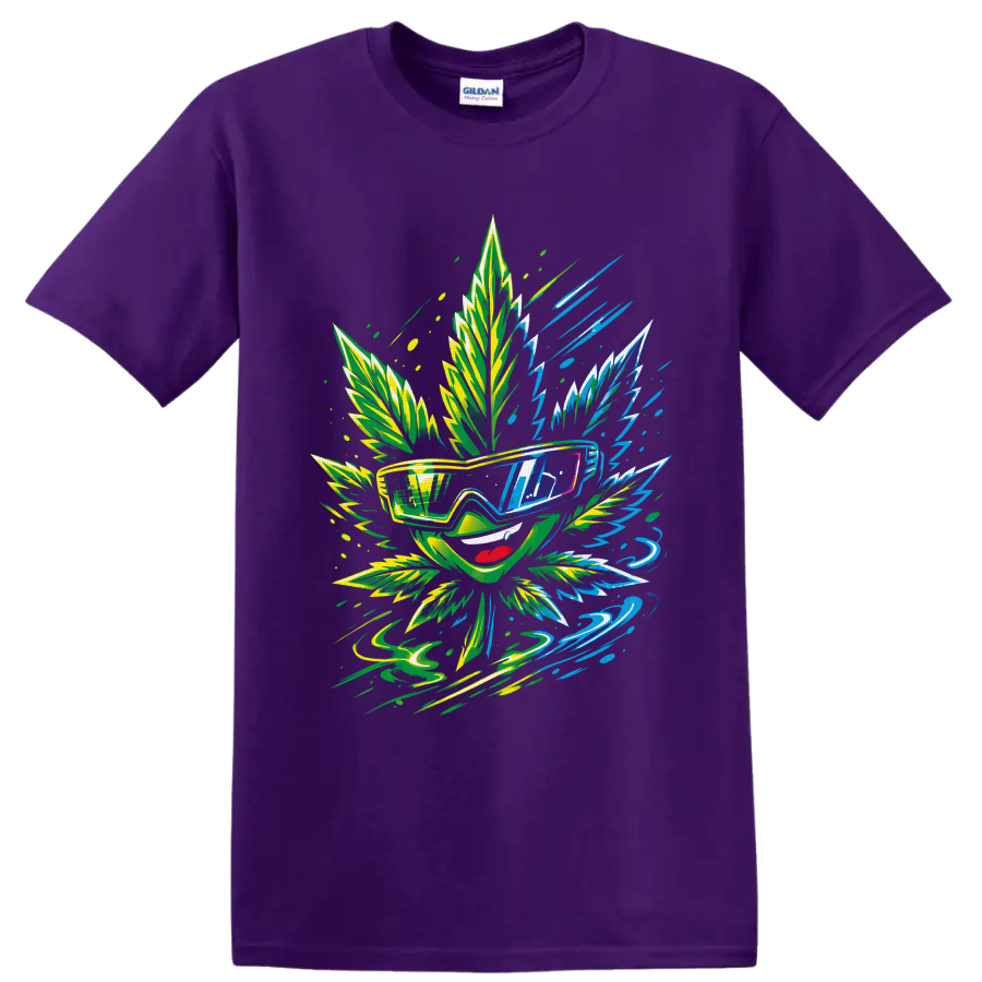 Psychedelic cannabis leaf character in sunglasses with neon lightning and leaf art on a Purple T Shirt