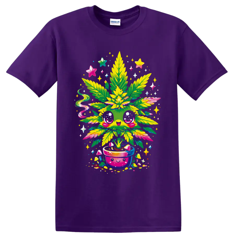 Kawaii cannabis plant in a smiling pot with mushrooms, stars, and psychedelic sparkles on a Purple T Shirt