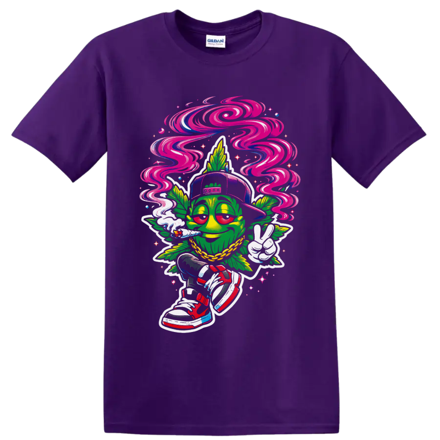 Psychedelic cartoon cannabis leaf character with swirling smoke, cap, chain, and peace on a Purple T Shirt