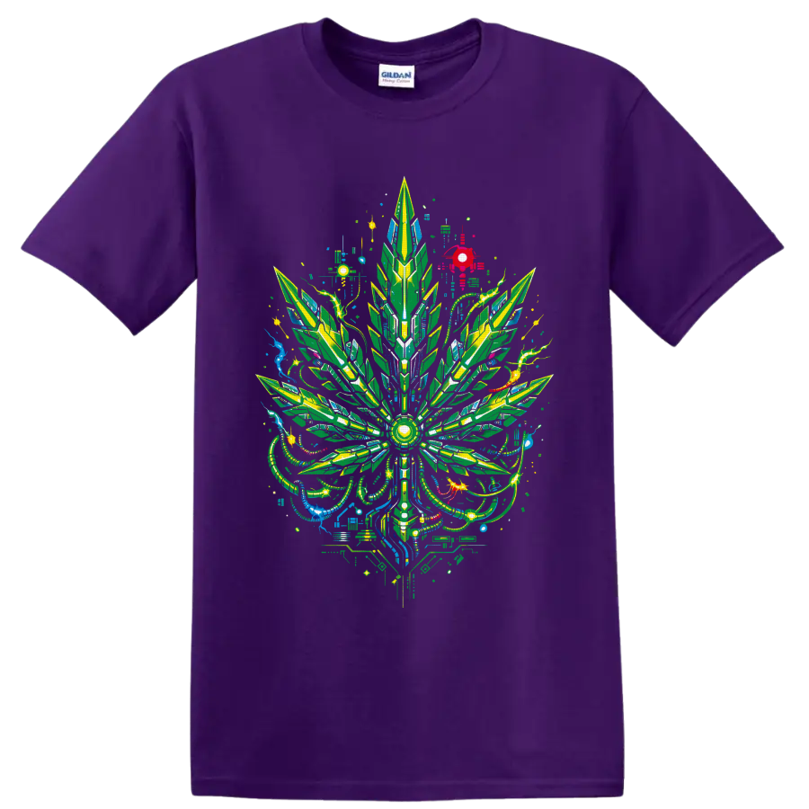 Cyberpunk cannabis leaf with neon circuitry, geometric panels, and psychedelic cables on a Purple T Shirt