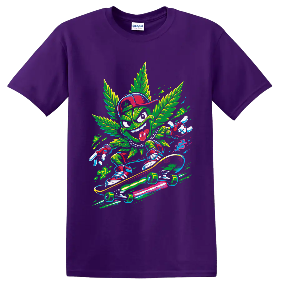 Retro comic cannabis leaf character skateboarding on a longboard on a Purple T Shirt