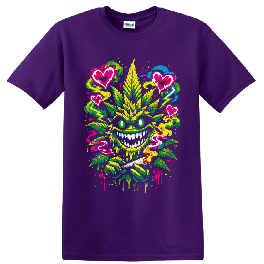 Graffiti cannabis leaf monster with pink hearts, smoke swirls, lightning, and splatters on a Purple T Shirt