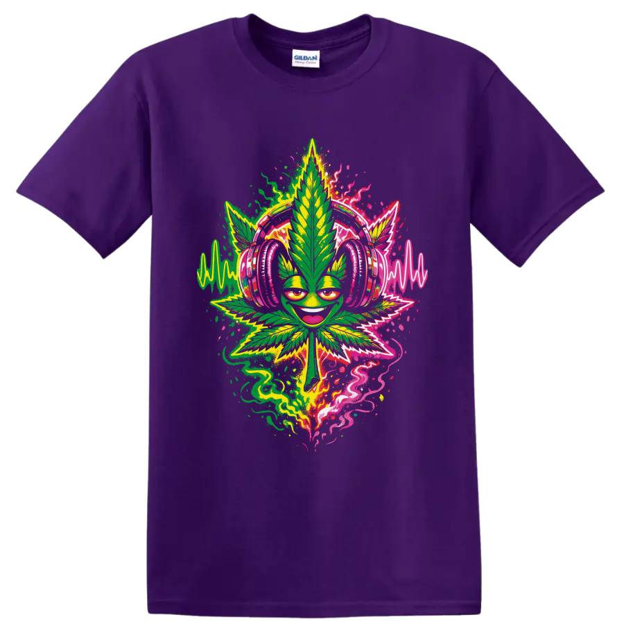 Smiling cannabis leaf DJ in pink headphones with neon soundwaves and lightning on a Purple T Shirt