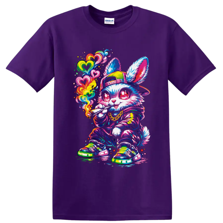 Psychedelic streetwear rabbit with rainbow hearts and a lit rolled smoke on a Purple T Shirt