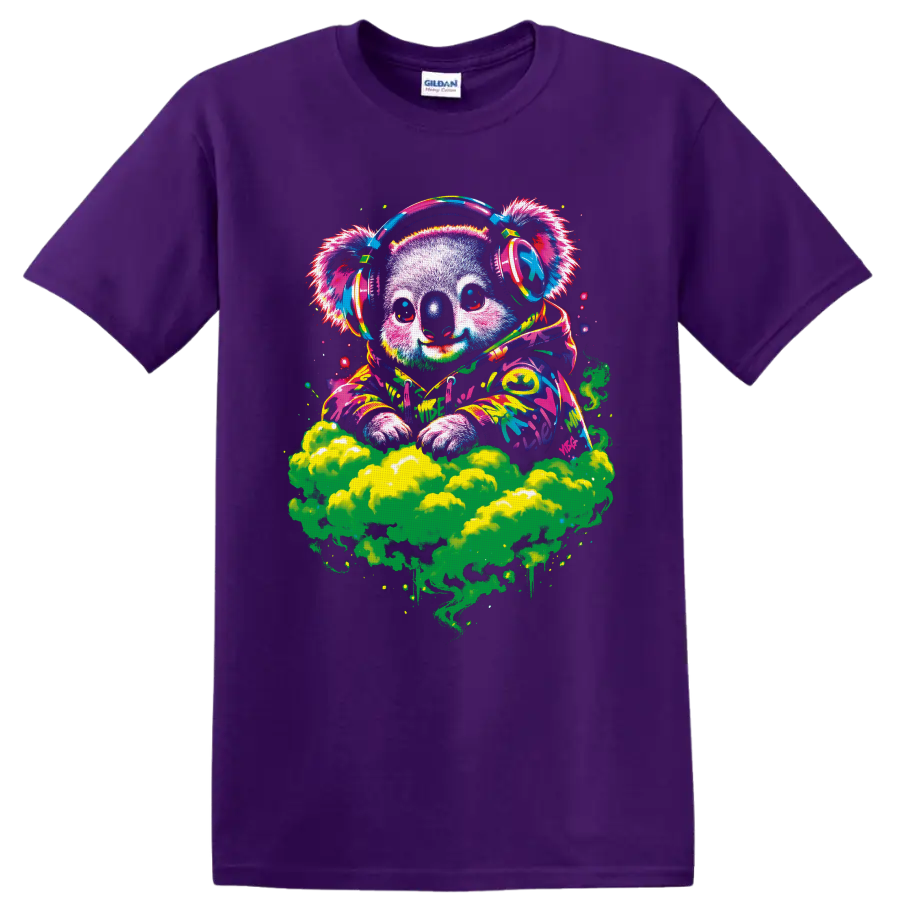 Psychedelic koala DJ in headphones and paint-splashed hoodie above green smoke on a Purple T Shirt