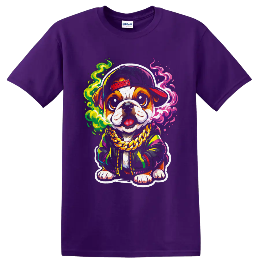 Cartoon dog in a backward cap and gold chain with colorful neon smoke on a Purple T Shirt