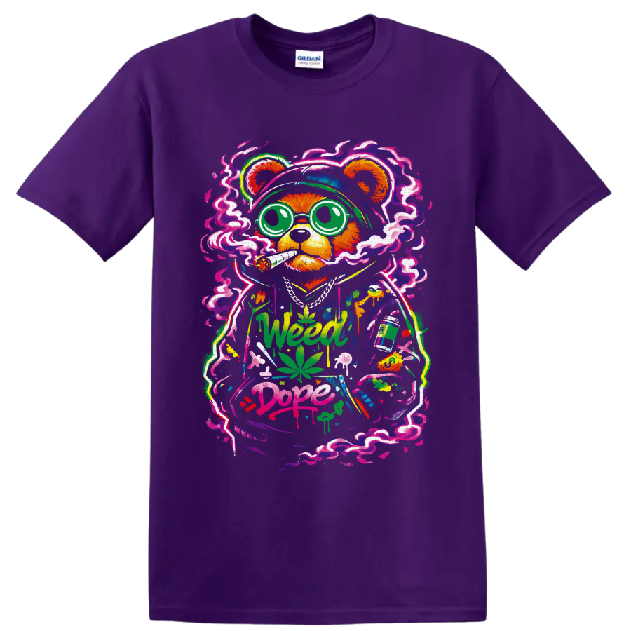 Cartoon cannabis bear with neon smoke, leaves, mushrooms, and Weed Dope graffiti on a Purple T Shirt