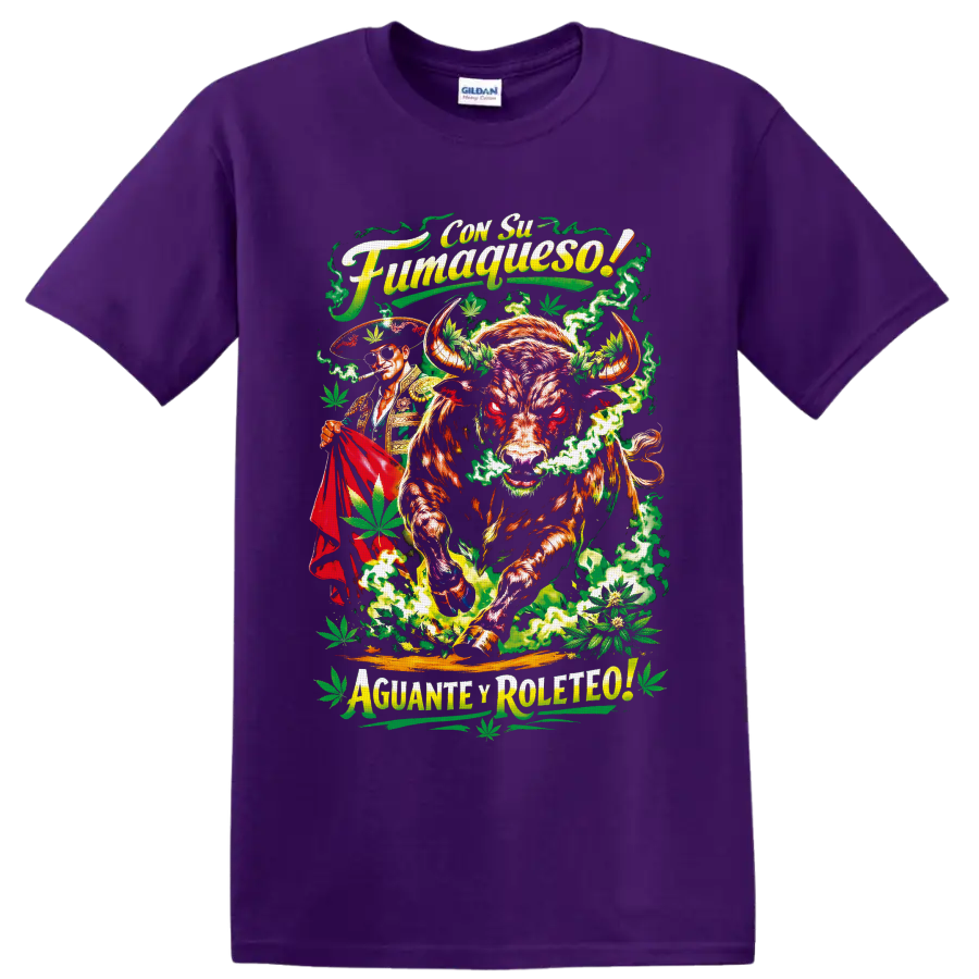 Charging bull and matador with cannabis leaves, green smoke, and Spanish-style lettering on a Purple T Shirt