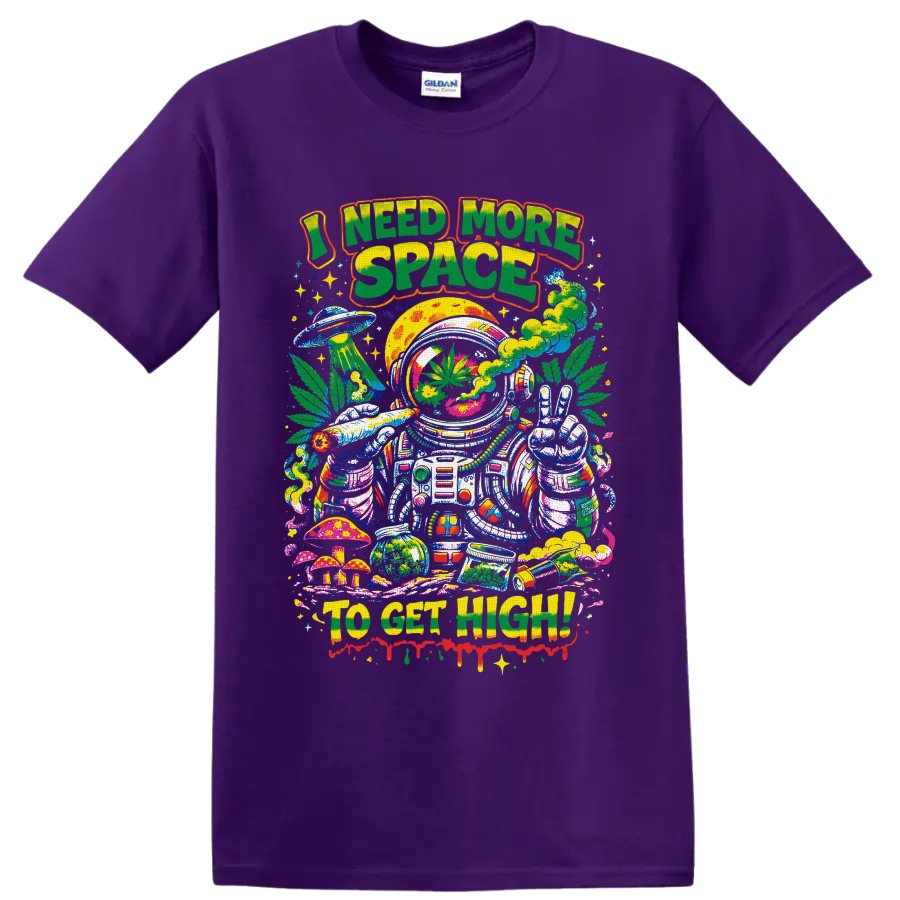 Psychedelic cannabis astronaut with peace sign, UFO, mushrooms, and I Need More Space text on a Purple T Shirt