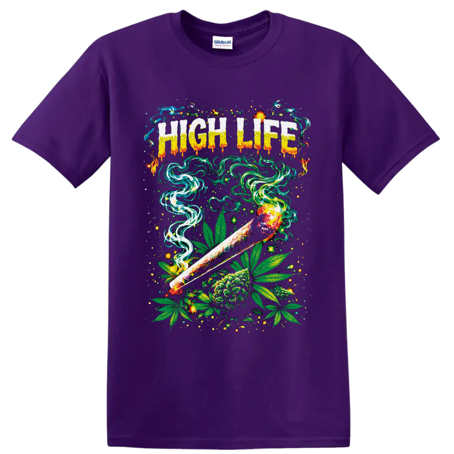 High Life psychedelic cannabis graphic with rolled smoke, leaves, flower, and neon swirls on a Purple T Shirt