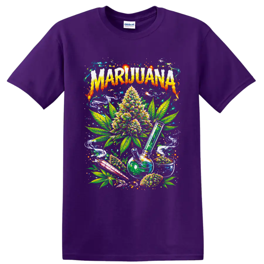 Psychedelic marijuana plant, leaves, glass water pipe, smoke swirls, and MARIJUANA text on a Purple T Shirt