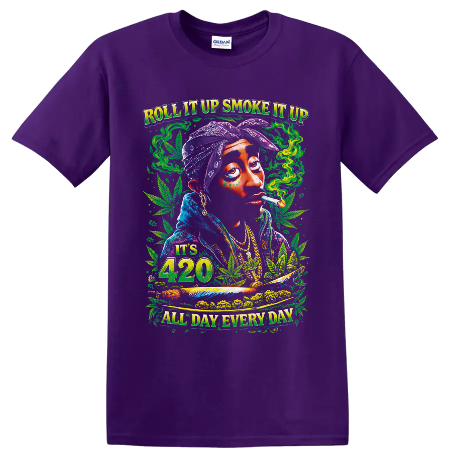 Psychedelic 420 smoker portrait with cannabis leaves and All Day Everyday text on a Purple T Shirt