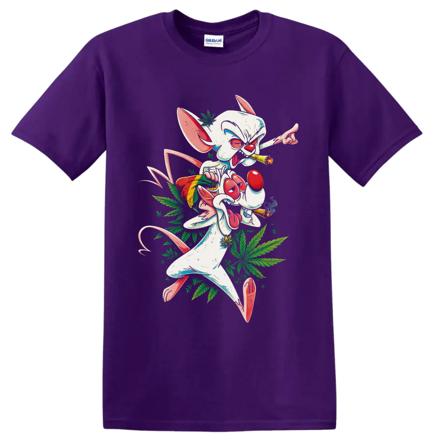 Pinky cartoon mouse smoking joints with snack bag and cannabis leaf graphic on a Purple T Shirt