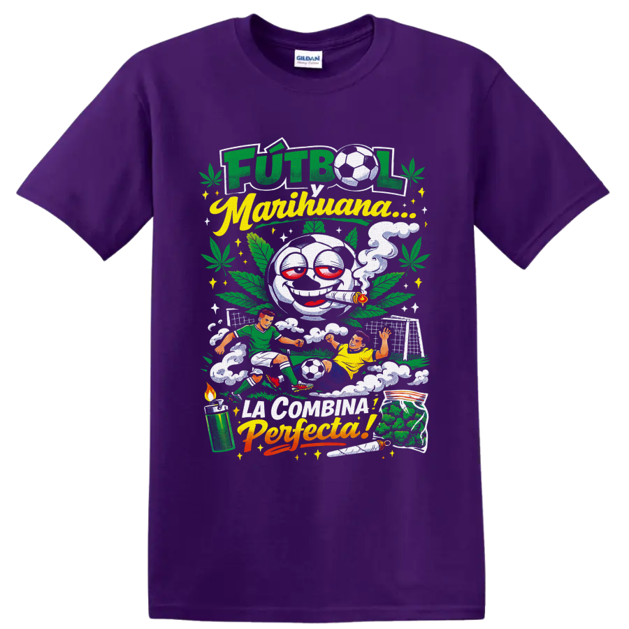 Smoking cartoon soccer ball with cannabis leaves, players, and Futbol y Marihuana text on a Purple T Shirt