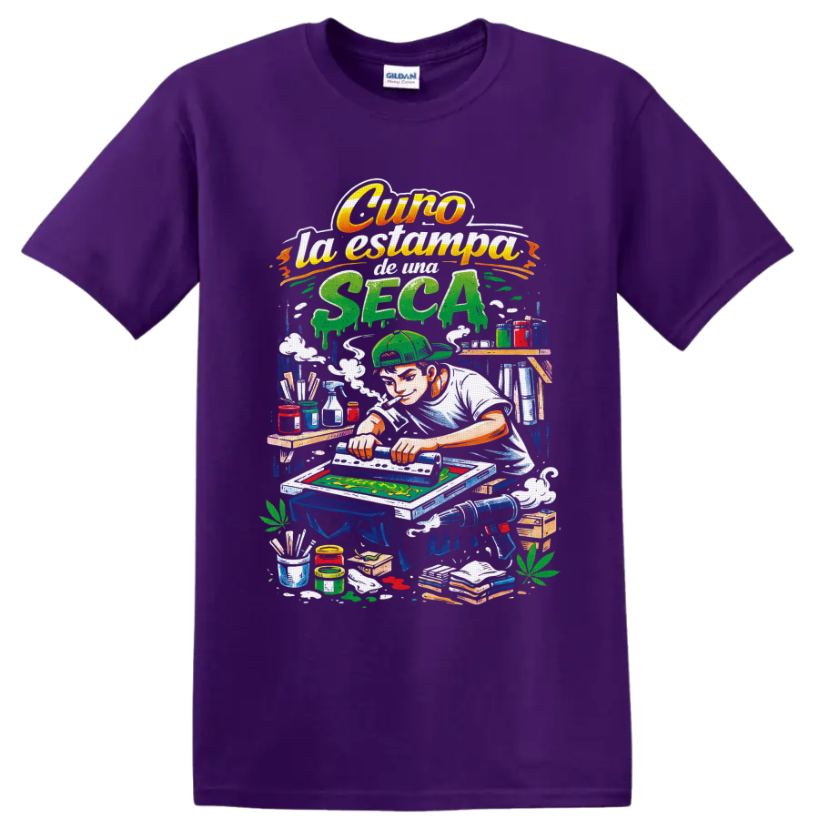 Retro cannabis screen printer illustration with squeegee, inks, smoke, and leafy accents on a Purple T Shirt
