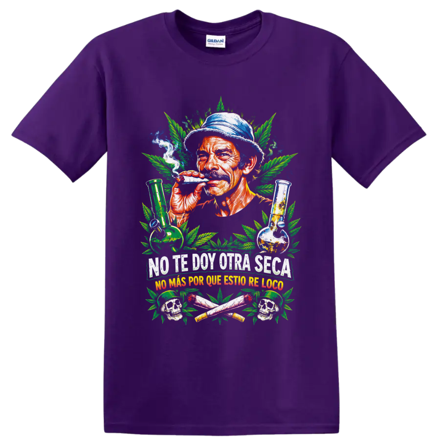 Smoking man with cannabis leaves, glass bongs, skulls, and Spanish slogans graphic on a Purple T Shirt