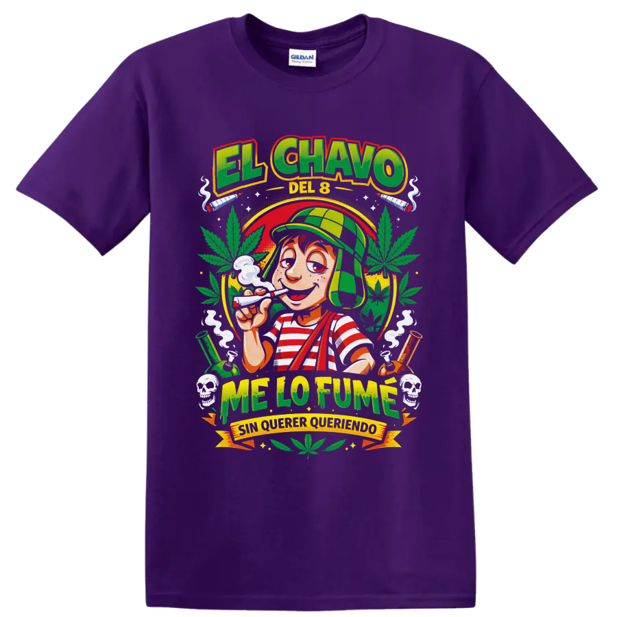 El Chavo del 8 cartoon with cannabis leaves, pipes, smoke, and Me Lo Fumé text on a Purple T Shirt