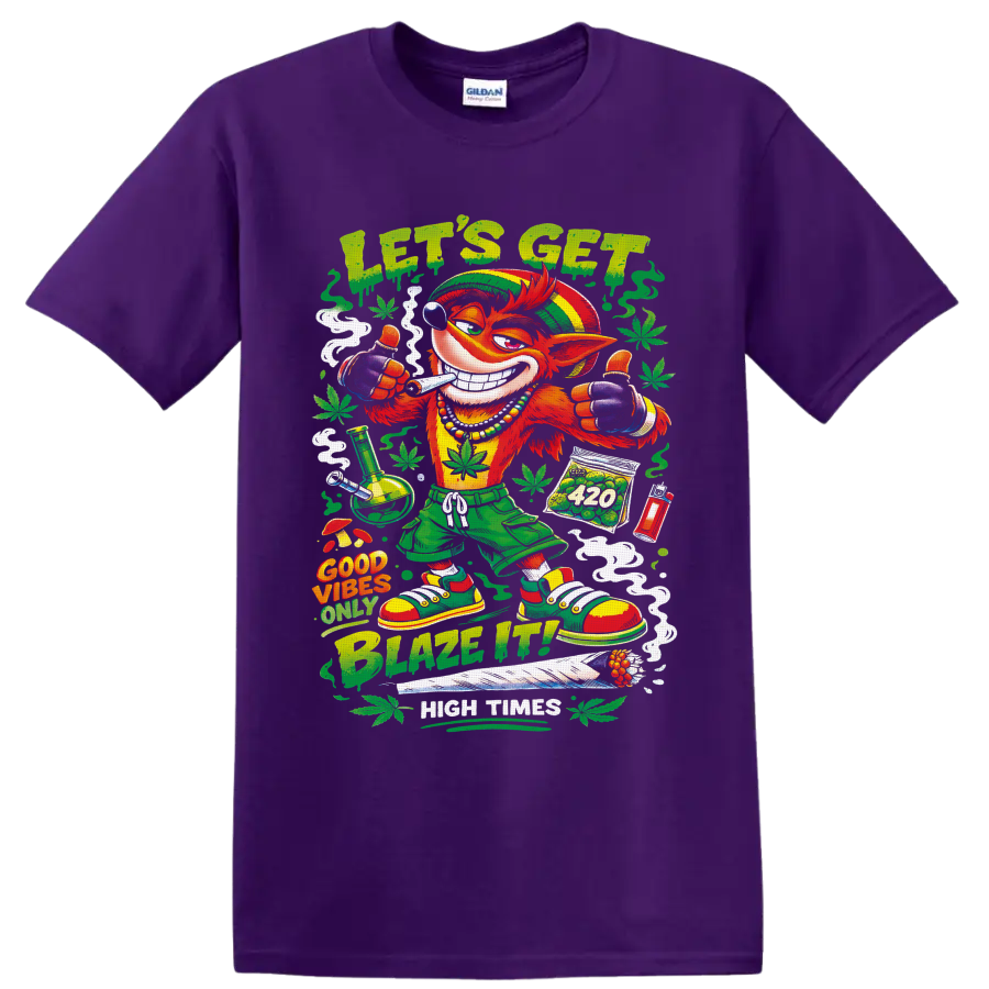 Crash Bandicoot-inspired retro 420 cartoon with Let's Get Blazed text and cannabis leaves on a Purple T Shirt