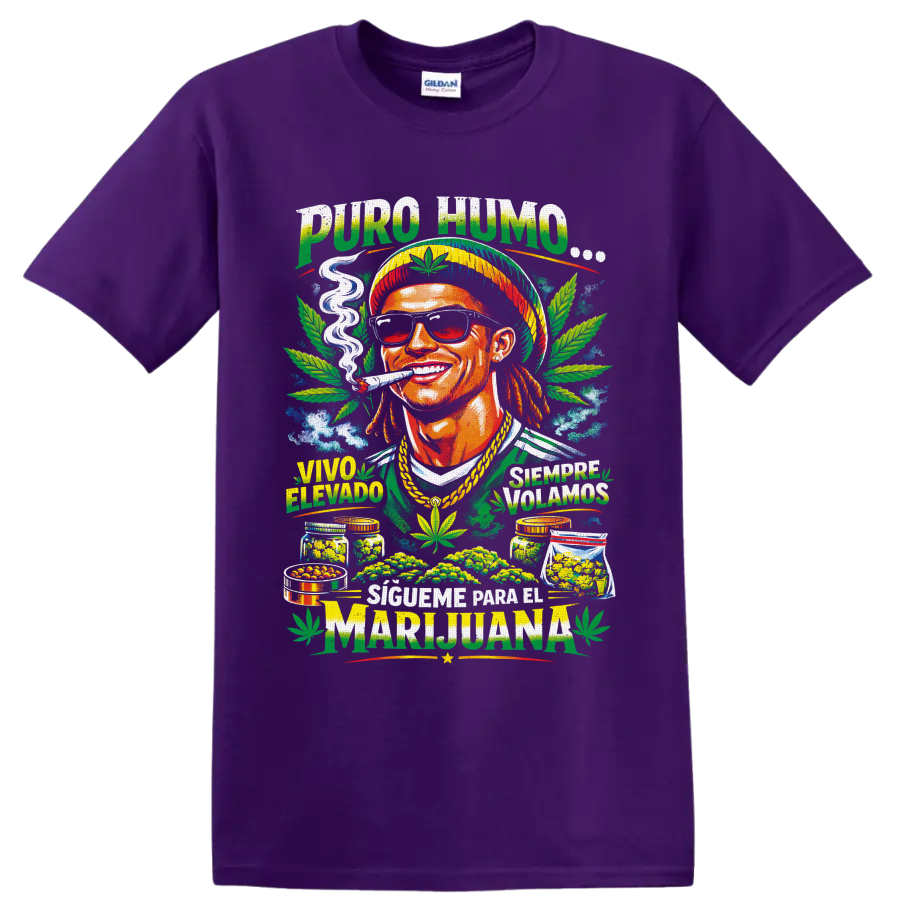 Colorful 420 cannabis graphic with smiling smoker, sunglasses, leaves, and Spanish on a Purple T Shirt