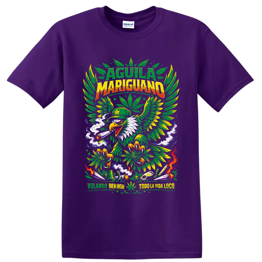 Cannabis eagle with leaf wings, lit rolled smoke, and psychedelic 420 artwork on a Purple T Shirt
