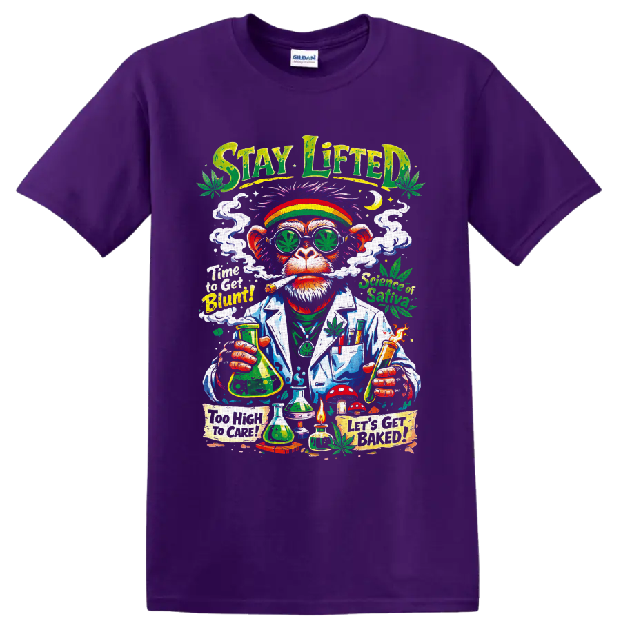 Psychedelic cannabis ape scientist graphic with leaf glasses, smoke, and lab glassware on a Purple T Shirt