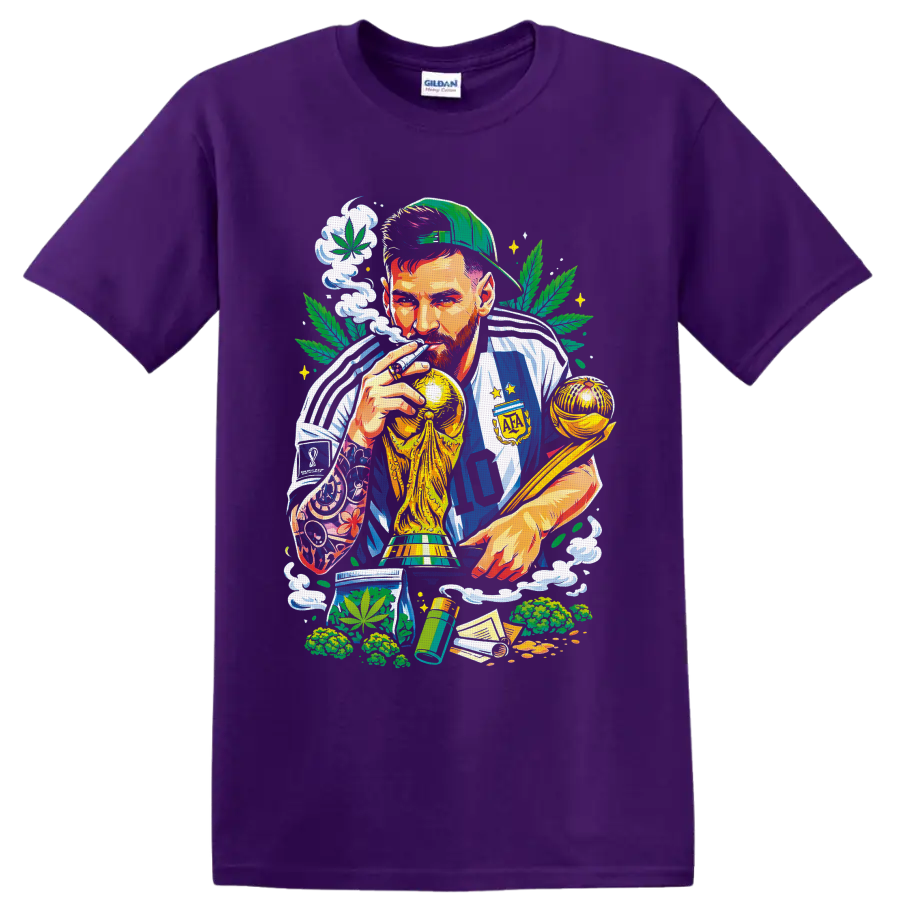 Colorful number 10 soccer champion with gold trophies, cannabis leaves, and smoke on a Purple T Shirt