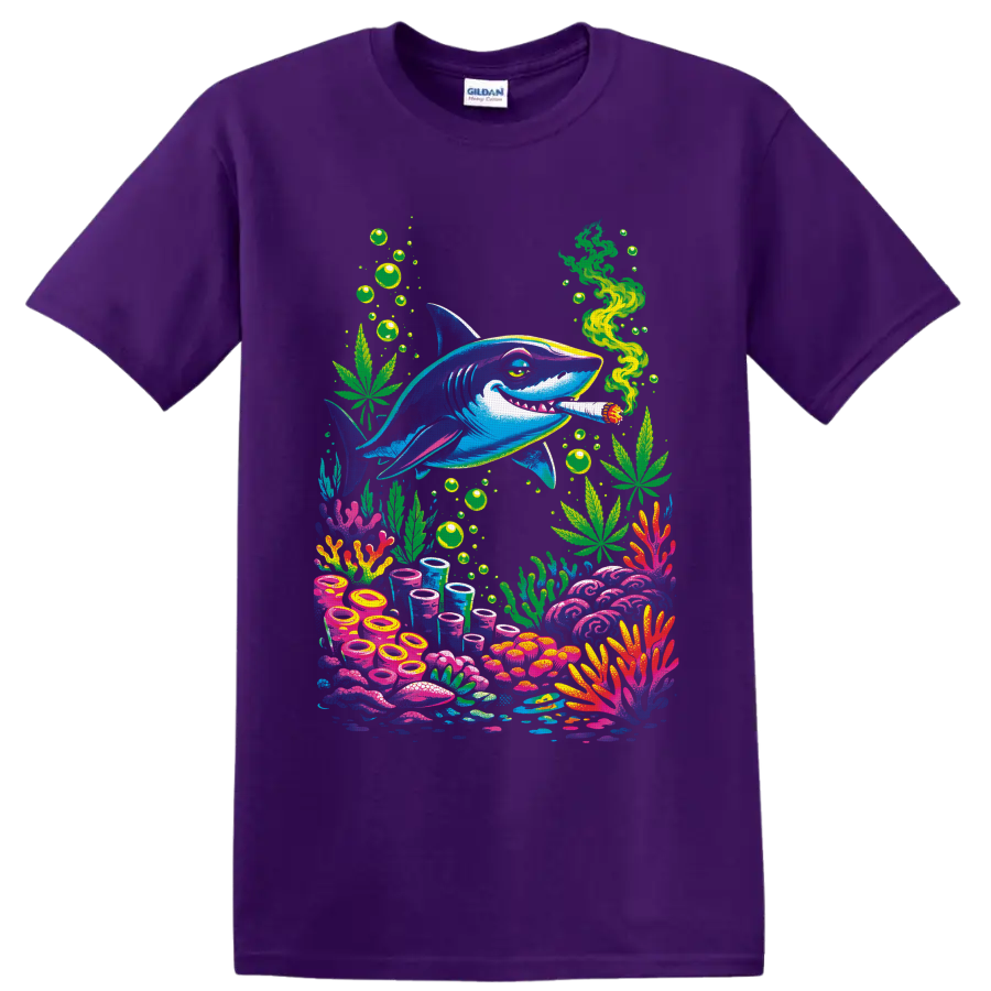 Psychedelic blue shark with cannabis leaves, green smoke, bubbles, and colorful coral reef on a Purple T Shirt