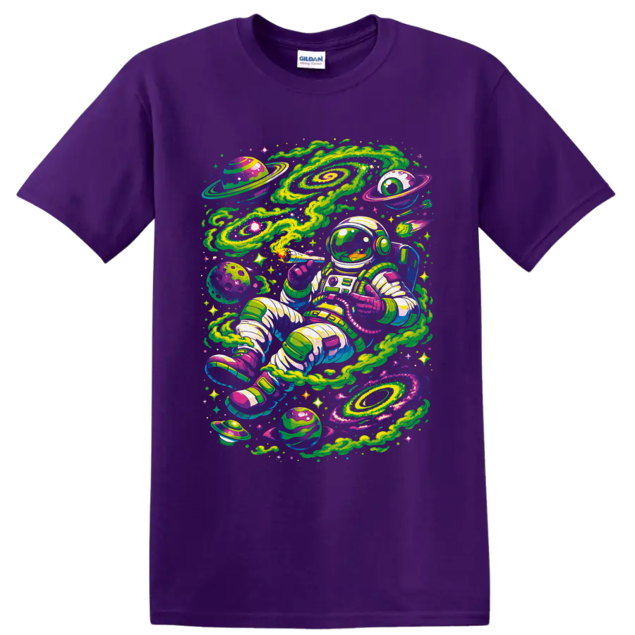 Psychedelic astronaut smoking a joint among neon galaxies, planets, and stars on a Purple T Shirt
