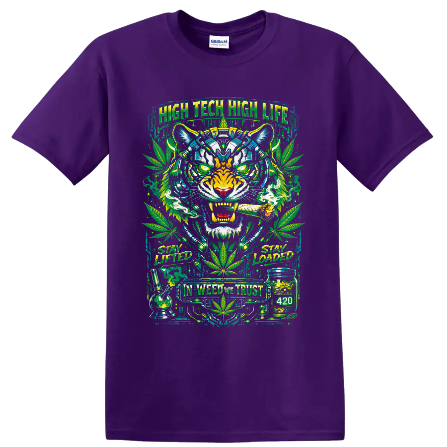 Neon cyberpunk tiger with cannabis leaves, bong, jar, and 420 street-art text on a Purple T Shirt