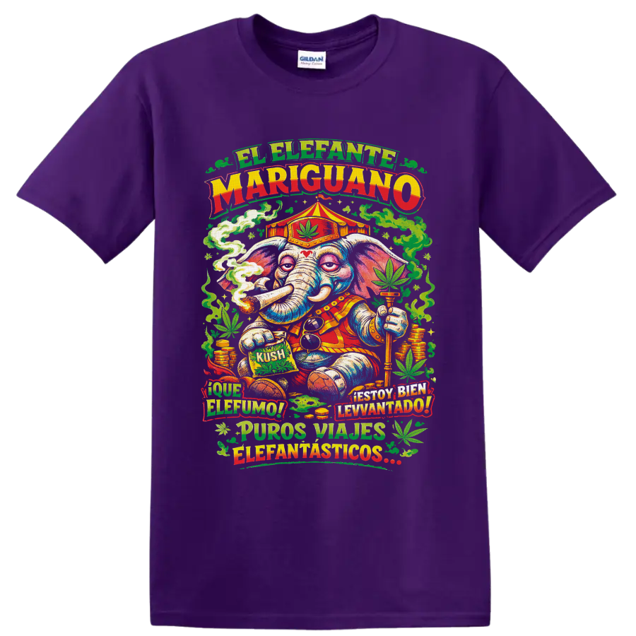 Psychedelic cannabis circus elephant with smoke, leaves, coins, and Spanish text on a Purple T Shirt