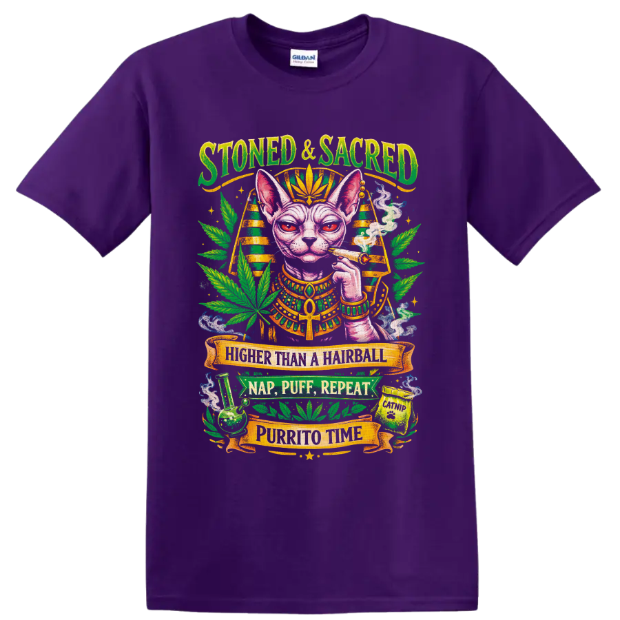 Egyptian-inspired Sphynx cat cannabis graphic with Stoned & Sacred banner text on a Purple T Shirt