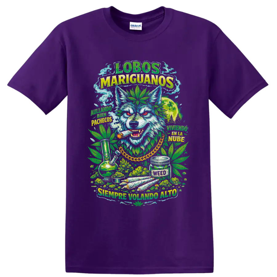 Psychedelic cannabis wolf with marijuana leaves, moon, smoke, and Spanish lettering on a Purple T Shirt