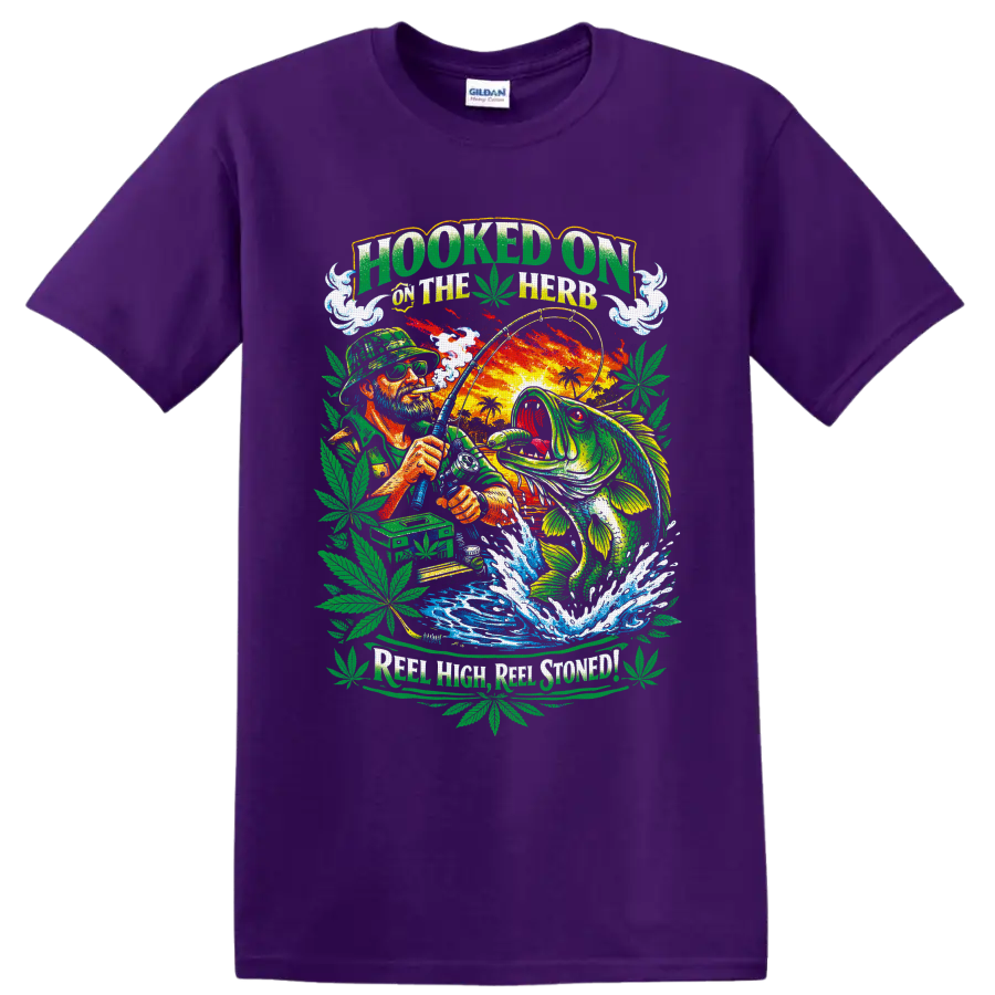 Bass angler and leaping fish in colorful cannabis fishing graphic with Hooked on the Herb on a Purple T Shirt