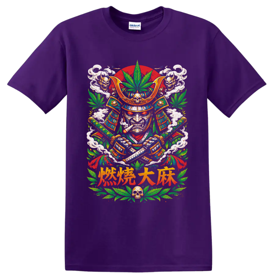 Cannabis samurai warrior graphic with katana swords, skulls, smoke, and leaves on a Purple T Shirt