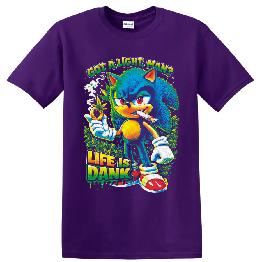 Psychedelic Sonic the Hedgehog 420 cannabis art with Got a Light, Man? text on a Purple T Shirt