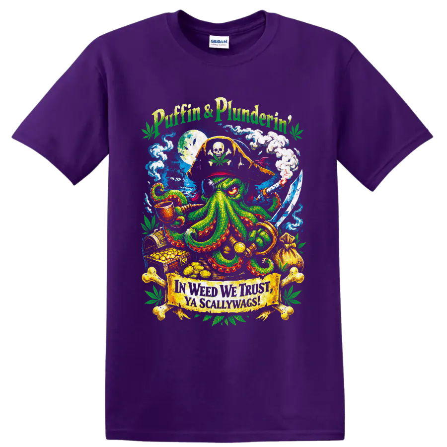 Cannabis pirate octopus with skull flag, sword, smoke, treasure, and Puffin' & Plunderin' on a Purple T Shirt