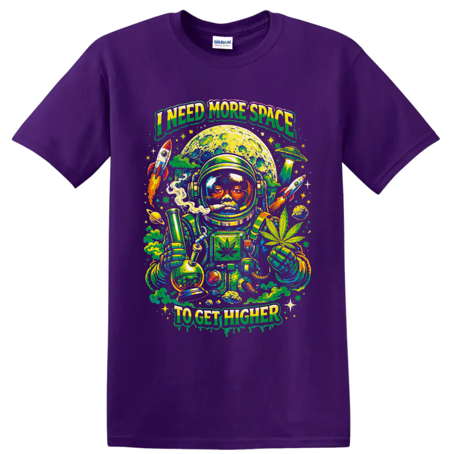 Psychedelic cannabis astronaut with moon, bong, rockets, and I Need More Space text on a Purple T Shirt