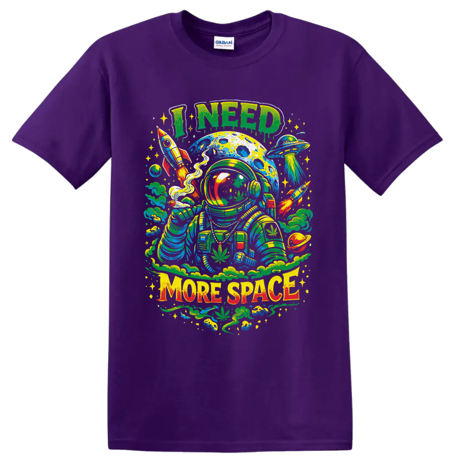 Psychedelic cannabis astronaut with rockets, UFO, and I Need More Space text on a Purple T Shirt