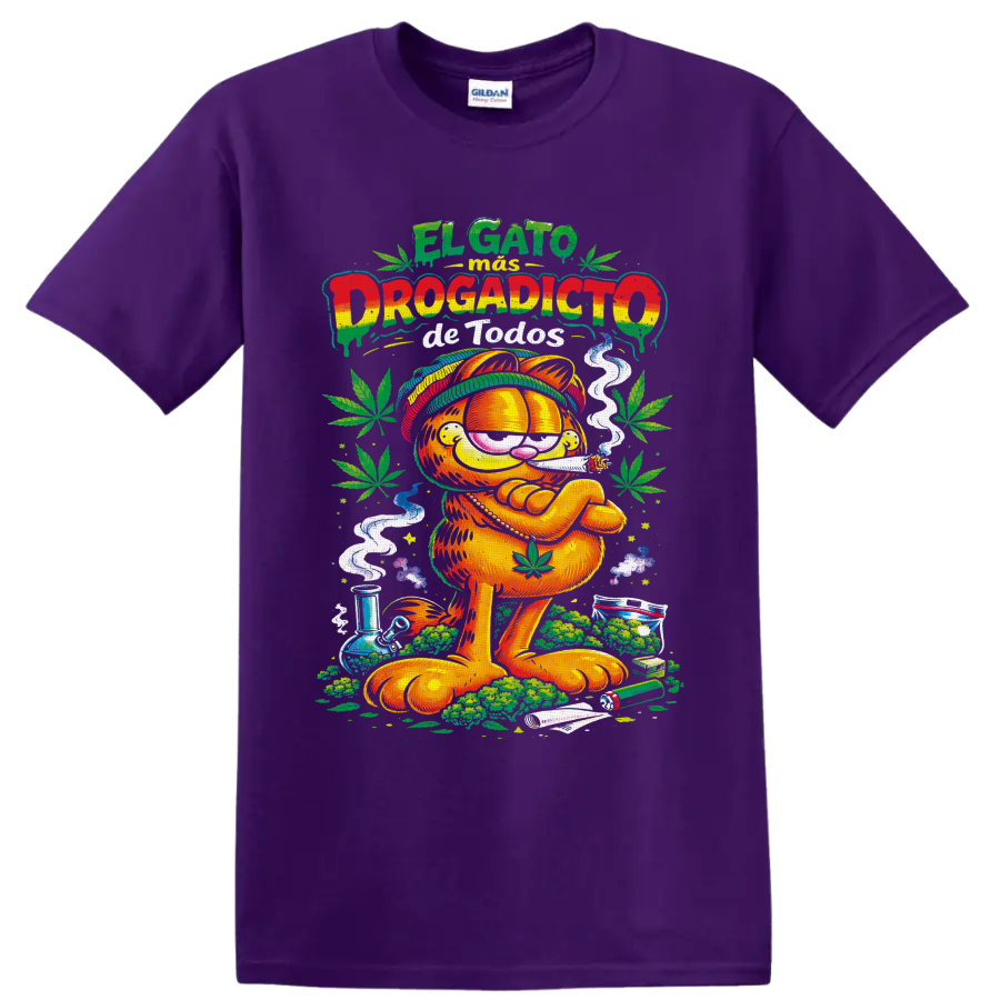 Garfield 420 Rastafari cartoon with cannabis leaves, smoke, and Spanish lettering on a Purple T Shirt