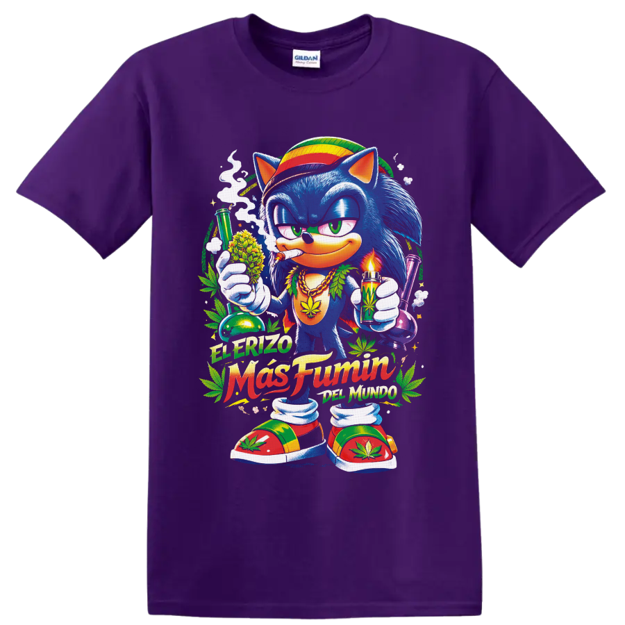 Blue cartoon hedgehog with cannabis leaves, glass pipes, and El Erizo Más Fumón text on a Purple T Shirt