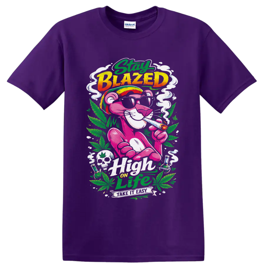 Retro pink smoking cat with cannabis leaves, Stay Blazed and High on Life text on a Purple T Shirt