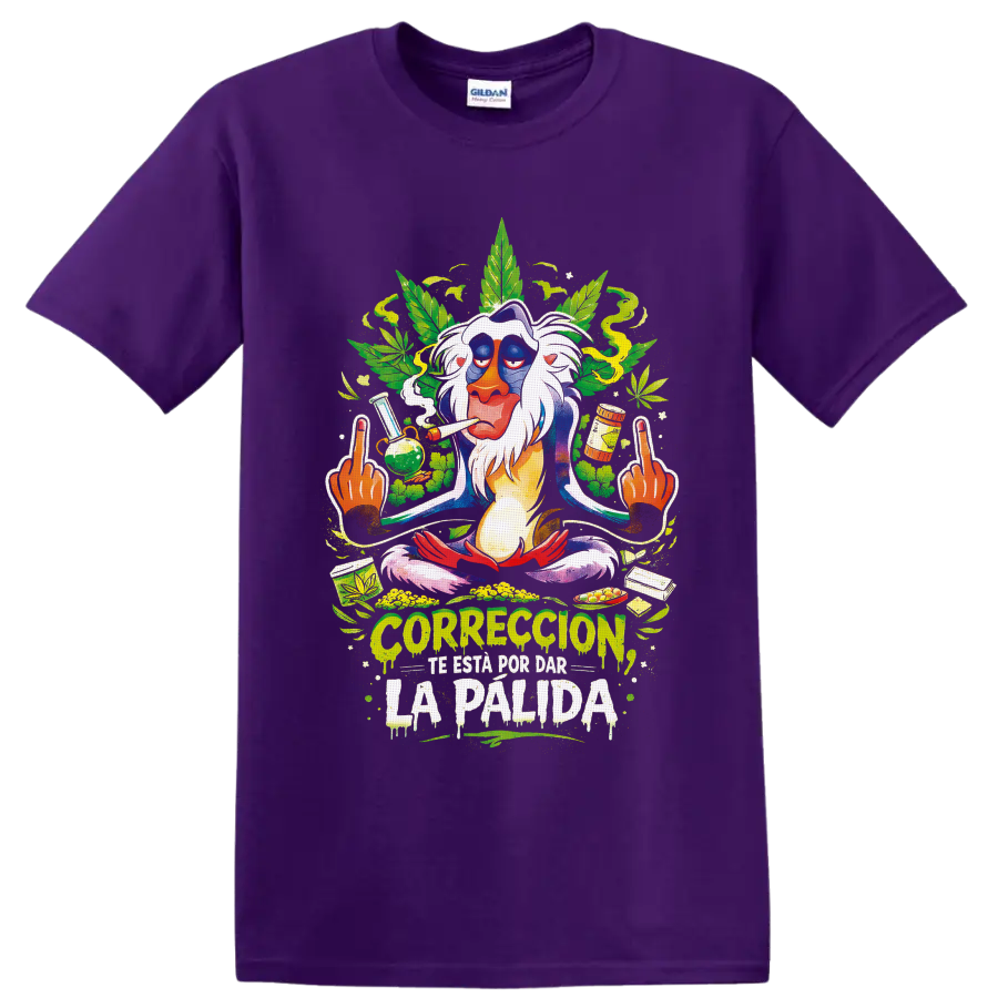 Psychedelic mandrill cannabis graphic with leaves, smoke, pipe, and dripping Spanish on a Purple T Shirt