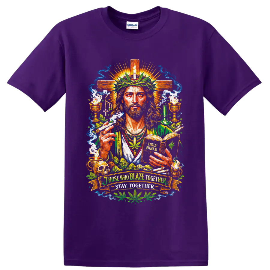 Psychedelic Cannabis Jesus with leaf crown, Holy Bible, cross, smoke, and chalices on a Purple T Shirt