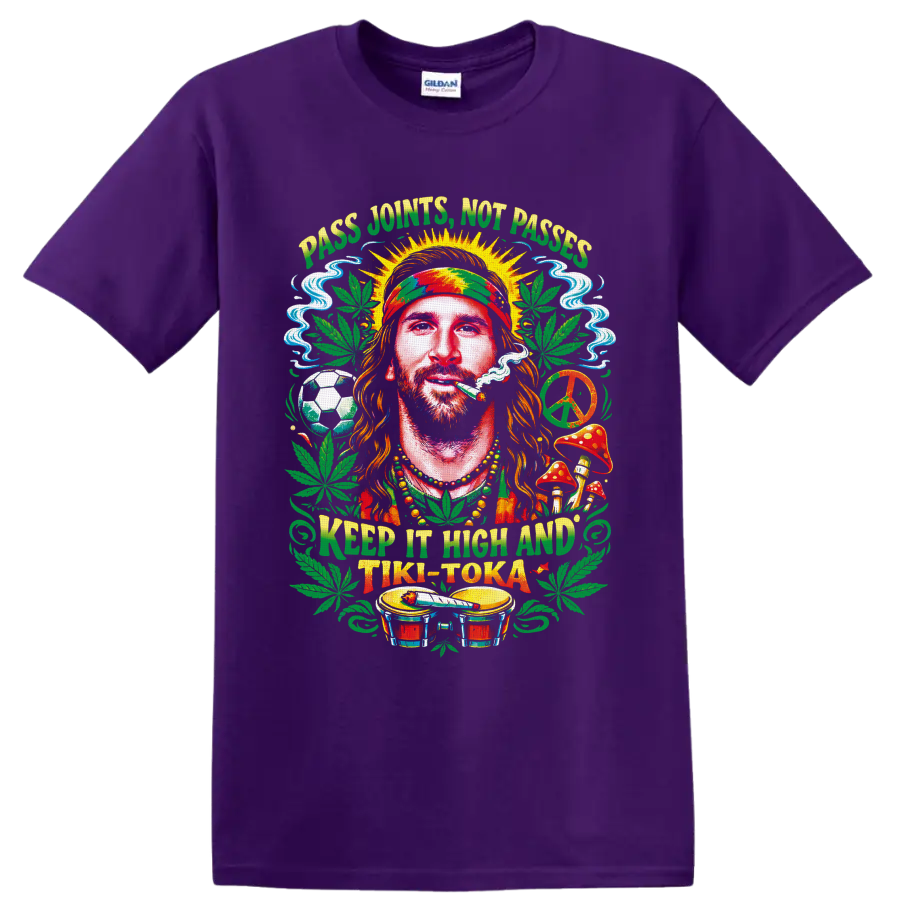 Rasta-style cannabis portrait with soccer ball, peace sign, bongos, and Tiki-Toka text on a Purple T Shirt