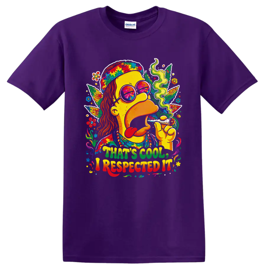 Psychedelic hippie cannabis portrait with peace sunglasses and THAT'S COOL, I RESPECTED on a Purple T Shirt