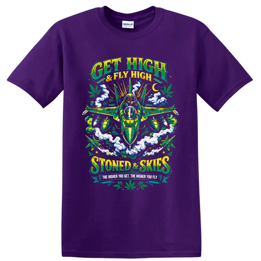 Get High & Fly High retro cannabis fighter jet with pilot, smoke clouds, and leaves on a Purple T Shirt